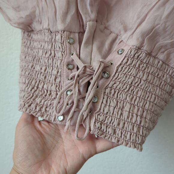 Pura Seta Made in Italy Top Womens OS 100% Silk Dusty Rose Smocked Waist Blouse - Picture 2 of 8